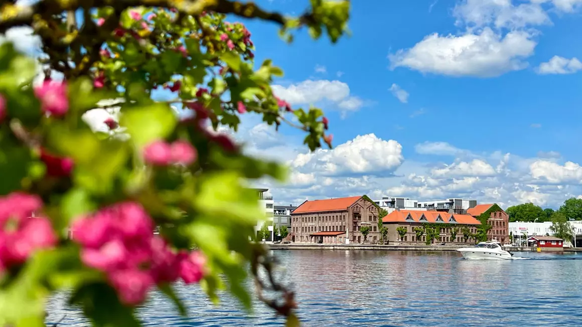 Blomster, båt og elv i Porsgrunn sentrum