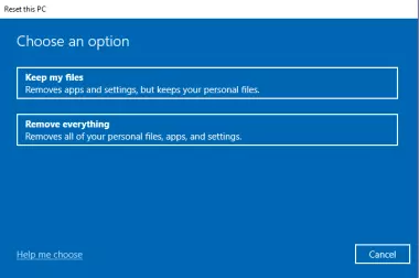 Choose an option, keep files or remove everything